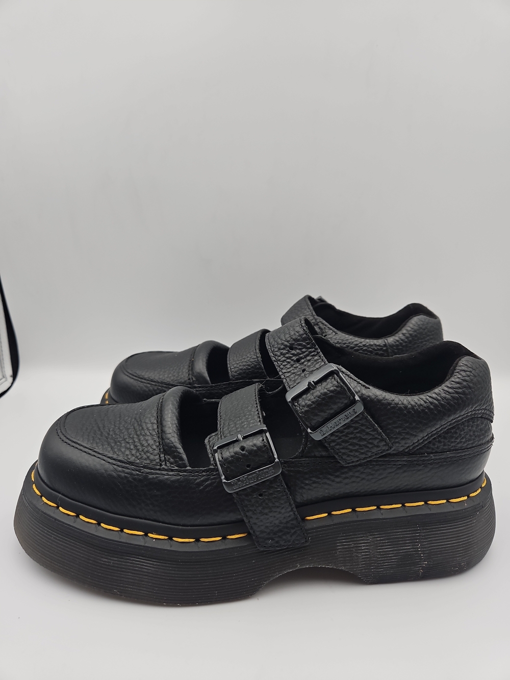 Dr. Martens Black Leather Double-Strap Platform Loafers with Yellow Stitching